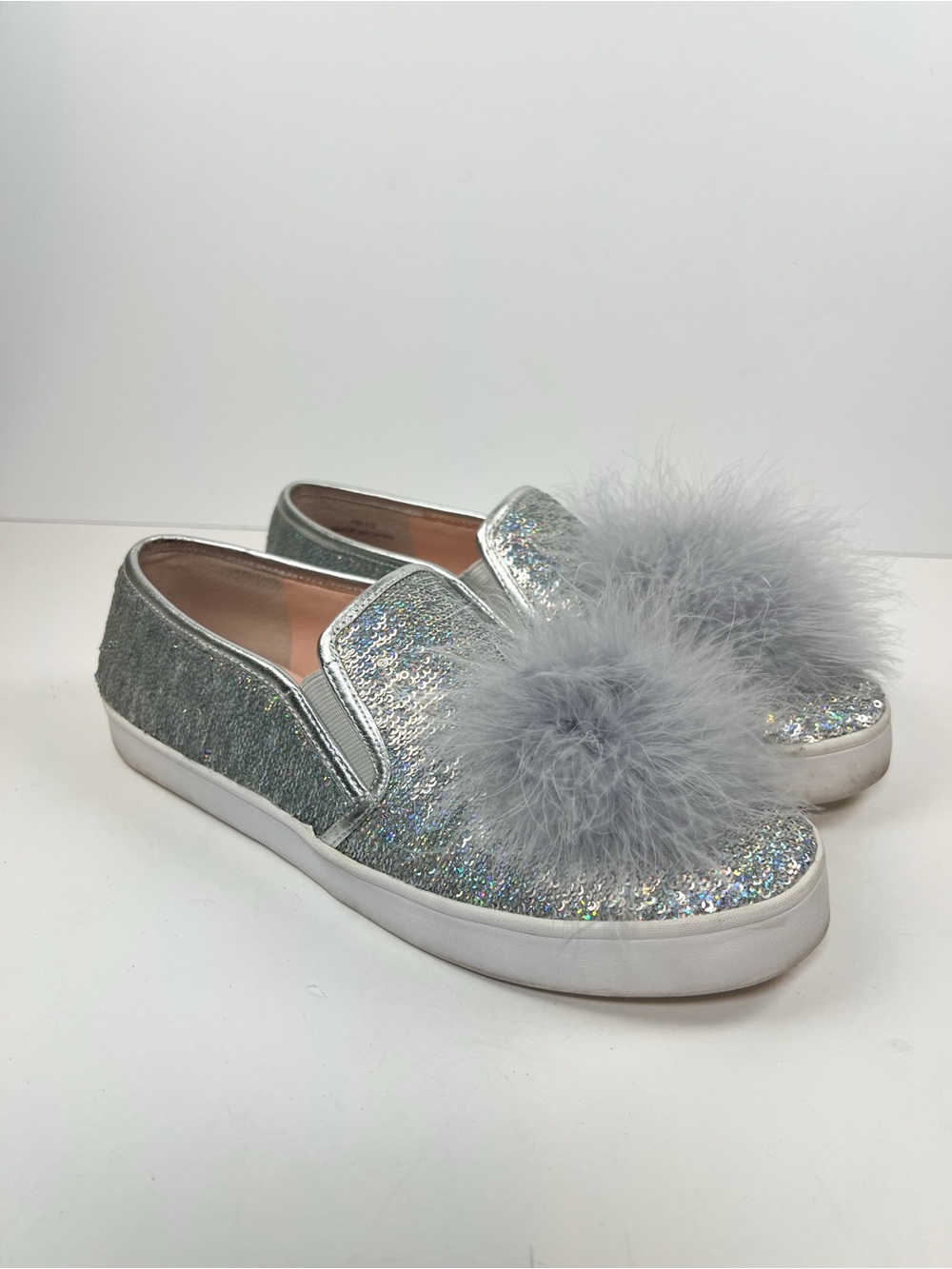 Kate Spade Latisa Silver Sequin Pom Pom Slip On Sneakers size 7.5 Small Flaw